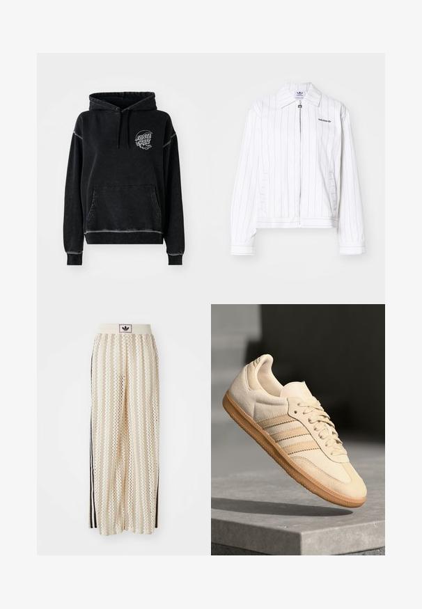 Jaqueta branca com fecho frontal e listras pretas verticais, com gola pontuda, bolsos laterais e o logótipo da Adidas em preto no peito.; Moletom preto com um bolso frontal, capuz com cordão e um logotipo circular branco com "SANTA CRUZ." Textura suave e escovada.; Calças largas de cor creme com um padrão em zigzag, apresentando uma cintura com logotipo preto e riscas laterais pretas. Tecido leve e texturizado.; Sapatilha de camurça bege clara com sola de borracha, três riscas diagonais e uma biqueira texturizada. Apresenta o logótipo na língua e na lateral.