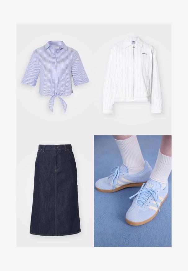 Hvitt zip-up jakke med vertikale svarte striper, med spiss krage, sidelommer og Adidas-logoen i svart på brystet.; Kortermet skjorte med krage i blå og hvite striper, med knyting foran. Laget av lett stoff med knappeåpninger.; Hvit T-skjorte med korte ermer og grønn V-hals og ermekanter; har "Dickies"-logo i mørkegrønn på venstre bryst. Glatt bomullstekstur.; Mørk denimskjørt med høy midje, rett snitt, frontlommer og sømmer. Har glidelås og knappeåpning i midjen.; Lyseblå semsskinn sneakers med hvite striper, flate snørebånd og såle i gummi. Ribbet hvite sokker bæres over ankelen.