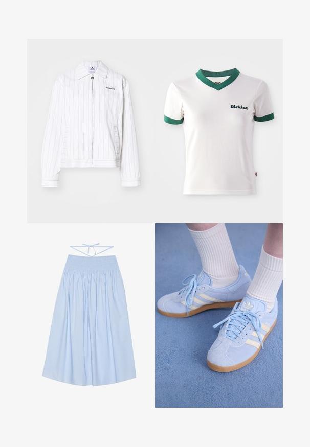 White zip-up jacket with vertical black stripes, featuring a pointed collar, side pockets, and the Adidas logo in black on the chest.; White short-sleeve t-shirt with green V-neck and sleeve trims; features "Dickies" logo in dark green on the left chest. Smooth cotton texture.; Light blue, cotton skirt with smocked waist, flowing silhouette, wide pleats, and thin tie straps at the back for adjustable fit.; Light blue suede sneakers with white stripes, flat laces, and a gum rubber sole. Ribbed white socks are worn above the ankle.