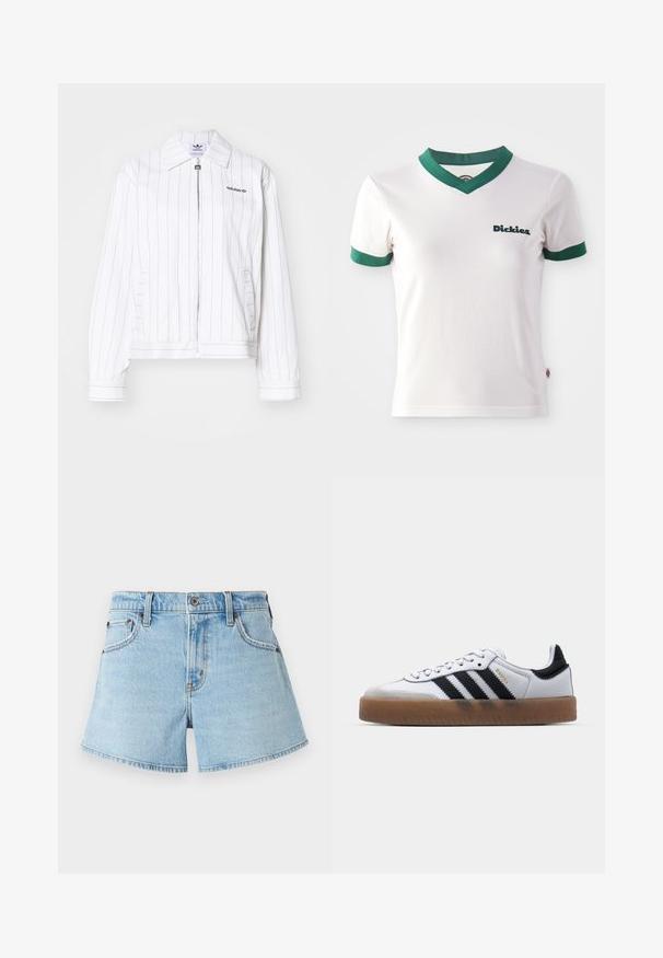 Weiße Zip-Up-Jacke mit vertikalen schwarzen Streifen, mit spitzem Kragen, seitlichen Taschen und dem Adidas-Logo in Schwarz auf der Brust.; Weißes T-Shirt mit kurzen Ärmeln, grünem V-Ausschnitt und grünen Ärmelbesätzen; mit dem dunkelgrünen "Dickies"-Logo auf der linken Brust. Glatte Baumwolltextur.; Hellblaue Denim-Shorts im klassischen Fünf-Taschen-Design, mit genähten Akzenten und rohem Saum. Sie verfügen über einen Metallknopf und einen Reißverschluss.; Weiße Leder Sneakers mit schwarzen Streifen, Gummigummi-Außensohle, runder Zehenform, Schnürverschluss und weichem grauem Wildleder-Zehenkappe.