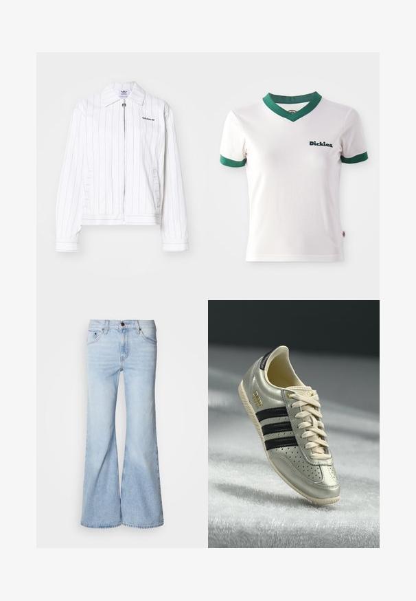 White zip-up jacket with vertical black stripes, featuring a pointed collar, side pockets, and the Adidas logo in black on the chest.; White short-sleeve t-shirt with green V-neck and sleeve trims; features "Dickies" logo in dark green on the left chest. Smooth cotton texture.; Light blue flared jeans, featuring a high waist, denim fabric, five pockets, and a button closure. The legs are wide and have a slightly faded finish.; Light gray leather sneaker with black stripes, perforated details, beige laces, and a gold logo patch. Textured rubber sole.