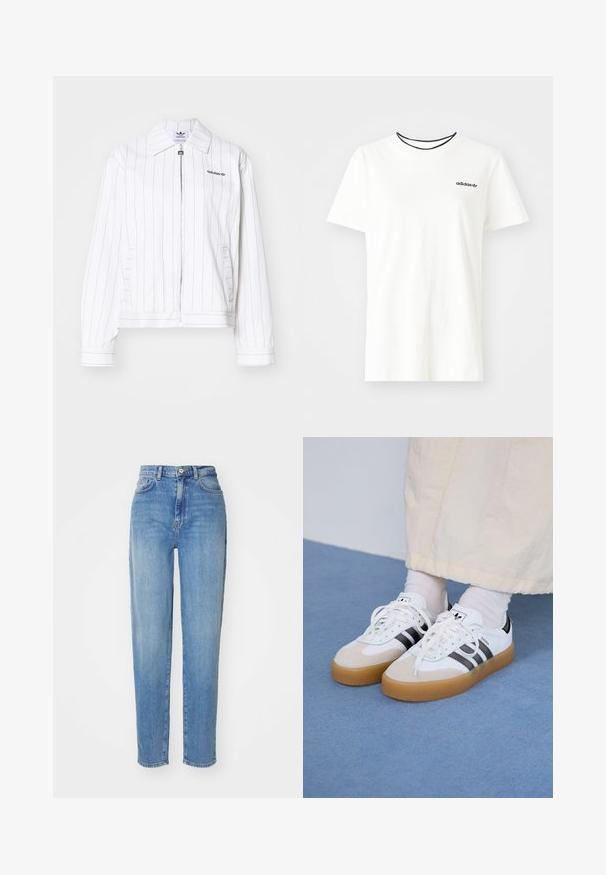 Hvitt zip-up jakke med vertikale svarte striper, med spiss krage, sidelommer og Adidas-logoen i svart på brystet.; Hvit bomull t-skjorte med korte ermer og rund hals. Har en svart Adidas-logo på brystet og en kontrasterende svart indre krage.; Lyseblå høy midje jeans med rett ben. Laget av denim, med fem lommer og front knappelukking. Glatt tekstur.; Hvite sneakers med svarte striper og beige semsket skinn-detaljer. Har en teksturert gummisåle og flate hvite snører, brukt med lyse sokker.