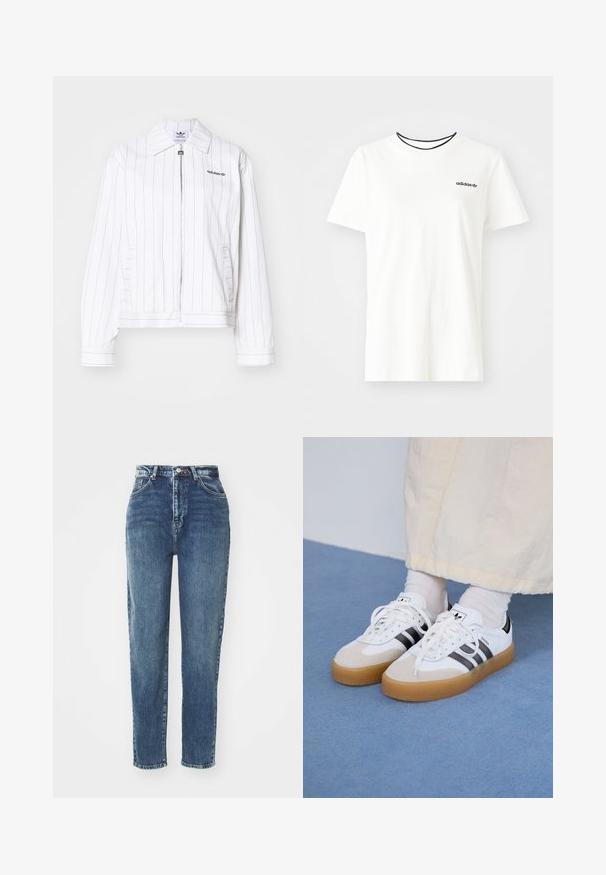 Vitt zip-up jacka med vertikala svarta ränder, med en spetsig krage, sidofickor och Adidas-logotypen i svart på bröstet.; Vit bomullströja med korta ärmar och rund halsringning. Har en svart Adidas-logotyp på bröstet och en kontrasterande svart innerkrage.; Blå denimjeans med hög midja, raka ben, synlig sömnad och klassisk femficksdesign. Slät textur, lätt blekning.; Vita sneakers med svarta ränder och beige mockadetaljer. Har en texturerad gummisul och platta vita skosnören, bärs med ljusa strumpor.