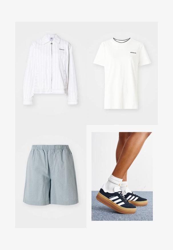 Valge tõmblukujope vertikaalsete mustade triipudega, millel on terav krae, küljetaskud ja must Adidas logo rinnal.; Valge puuvillasest t-särgist lühikeste varrukatega ja ümarate kaelustega. Rinnal on must Adidas'i logo ning kontrastne must sisekaelus.; Heledad sinine, tekstureeritud lühikesed püksid, elastse vöökohtaga, millel on lõdvestunud sobivus ja ilma nähtavate taskuteta või riistadega.; Mustad seemisnahast tossud valgete triipude ja detailidega, ümarate varbassosadega, kummist välistallaga, paaritatud valgete soonikuliste meessokkidega.