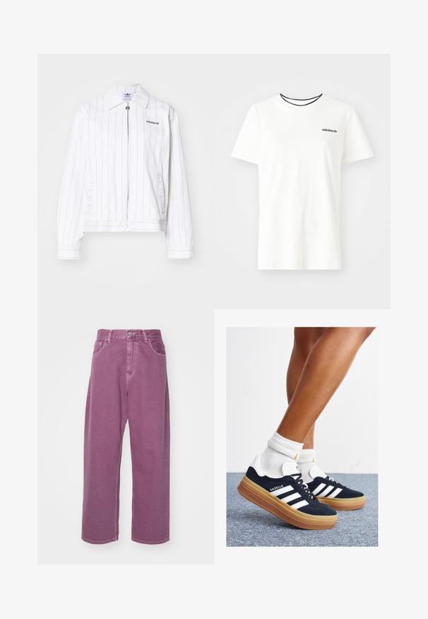 Giacca bianca con zip e strisce nere verticali, dotata di colletto a punta, tasche laterali e logo Adidas nero sul petto.; T-shirt bianca in cotone con maniche corte e scollatura rotonda. Presenta un logo Adidas nero sul petto e un colletto interno a contrasto nero.; Carhartt WIP BRANDON PANT - Jeans baggy - dusty fuchsia; Sneakers in pelle scamosciata nera con strisce e dettagli bianchi, punta arrotondata, suola in gomma color gomme, abbinate a calzini bianchi a coste alla caviglia.