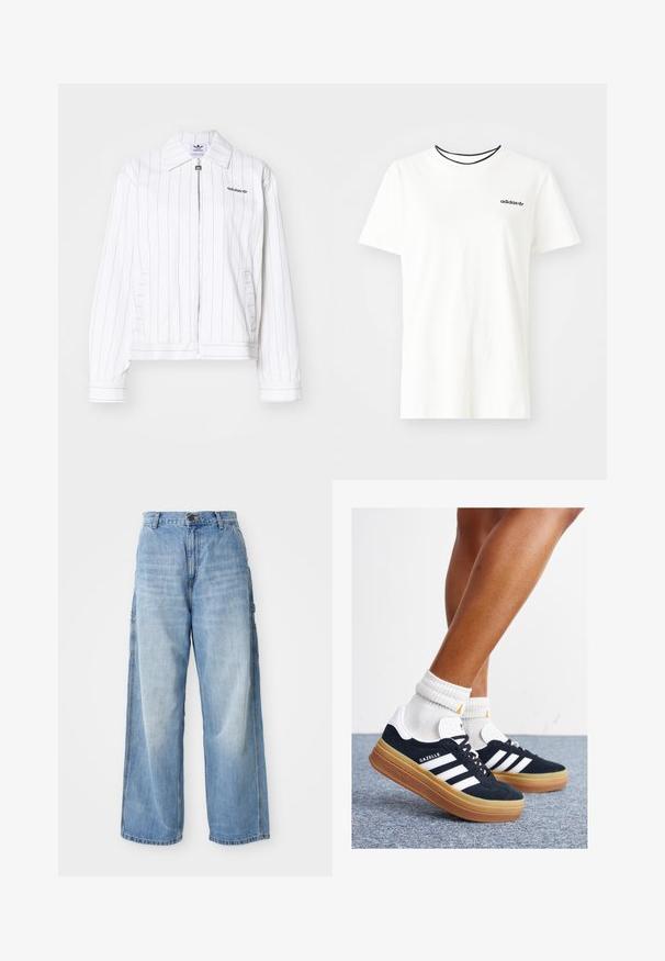 Valge tõmblukujope vertikaalsete mustade triipudega, millel on terav krae, küljetaskud ja must Adidas logo rinnal.; Valge puuvillasest t-särgist lühikeste varrukatega ja ümarate kaelustega. Rinnal on must Adidas'i logo ning kontrastne must sisekaelus.; Heledad sinine laiad teksad kõrge vöökohaga, küljetaskutega ja pleekinud tekstuuriga, valmistatud denimpoolt.; Mustad seemisnahast tossud valgete triipude ja detailidega, ümarate varbassosadega, kummist välistallaga, paaritatud valgete soonikuliste meessokkidega.