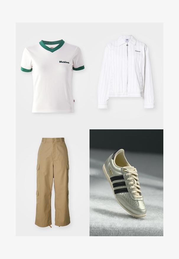 Balta zip-up jaka ar vertikālām melnām svītrām, kurai ir smaila apkakle, sānu kabatas un melns Adidas logo uz krūšu daļas.; Baltas īsām piedurknēm t-krekls ar zaļām V veida kakla un piedurkņu malām; ar tumši zaļo "Dickies" logo uz kreisā krūšu. Gluda kokvilnas tekstūra.; Bēša kravas bikses ar augstu jostasvietu, platām kājām un četriem lieliem sānu kabatām. Izgatavotas no izturīgas auduma ar gludu tekstūru un minimālām detaļām.; Gaišpelēka ādas sporta apavi ar melniem svītrainiem, caurumiem, bēšām auklām un zelta logo uzlīmi. Strukturēta gumijas zole.
