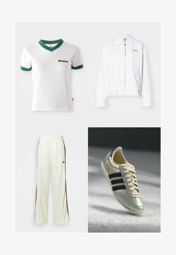 Bílá zipová bunda s vertikálními černými pruhy, s špičatým límcem, bočními kapsami a černým logem Adidas na hrudi.; Bílý tričko s krátkým rukávem a zeleným véčkovým výstřihem a lemy rukávů; na levé hrudi se nachází tmavozelené logo "Dickies". Hladká bavlněná textura.; Krémové tepláky s uvolněným střihem, se šněrováním v tmavě hnědé barvě na bocích a vyšitým logem na levém stehně.; Světle šedé kožené tenisky s černými pruhy, perforovanými detaily, béžovými tkaničkami a zlatou logovou nášivkou. Texturovaná gumová podrážka.