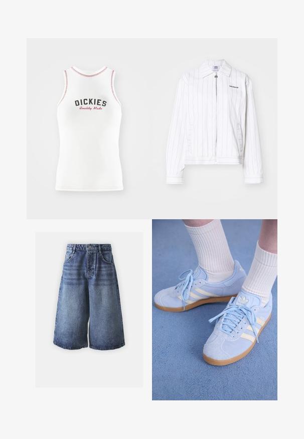Balta zip-up jaka ar vertikālām melnām svītrām, kurai ir smaila apkakle, sānu kabatas un melns Adidas logo uz krūšu daļas.; Balts bez piedurknēm topiņš ar sarkanu un melnu "DICKIES Quality Made" tekstu. Iezīmē kontrastējošs sarkans izšuvums un klasiskā piegriezuma forma.; Denima šorti gaismas līdz tumši zilā gradientā ar klassisko piecu kabatu dizainu, pabeigti ar pogu un platām kājām.; Gaiši zila zamšādas sporta apavi ar baltām svītrām, plakaniem šņorēm un gumijas zoli. Virs potītes ir uzvilktas ribotas baltas zeķes.
