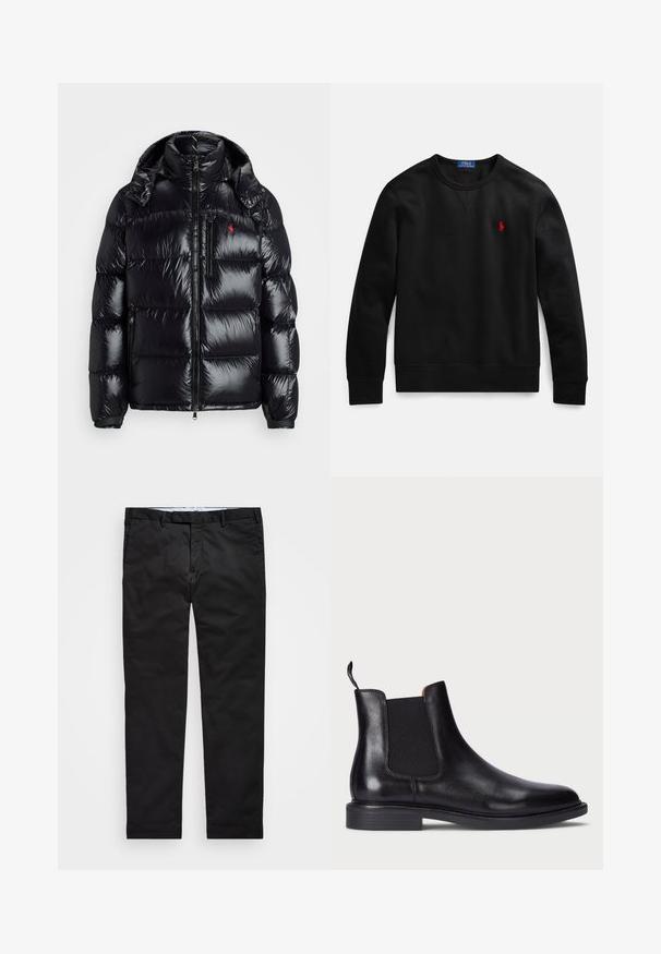 Casaco puffer preto com um design brilhante e acolchoado. Apresenta um colarinho alto, dois bolsos com zíper e um pequeno logótipo no peito.; Sweatshirt preta de gola redonda feita de algodão, com um pequeno logotipo vermelho no lado esquerdo do peito, e punhos e bainha canelados.; Chinos pretos com um corte reto, feitos de tecido em mistura de algodão, apresentando fecho de zíper, passantes para cinto e bolsos laterais. Textura suave.; Bota Chelsea em couro preto com painéis laterais elásticos, acabamento texturizado, bico arredondado e salto baixo em camadas. Apresenta uma alça para facilitar o calçar.