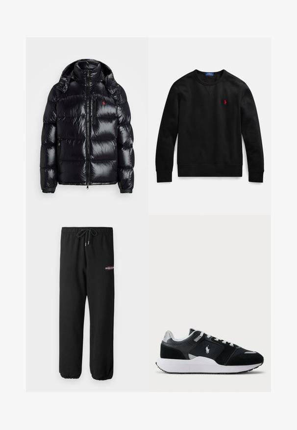 Čierna puffa bunda so lesklým prešívaným dizajnom. Má vysoký golier, dve zipsové vrecká a malé logo na hrudi.; Čierna mikina s okrúhlym výstrihom vyrobená z bavlny, s malým červeným logom na ľavej strane hrudníka a rebrovanými manžetami a lemom.; Čierne tepláky z jemného materiálu, so elastickým pásom na šnúrku a elastickými manžetami, s logom "GUESS JEANS" v bielej a červenej farbe.; Čierno-biele nízke tenisky s vrchnou časťou z jemnej sieťoviny a semišu, bielymi šnúrkami, bielou podrážkou a logom jazdca na boku.