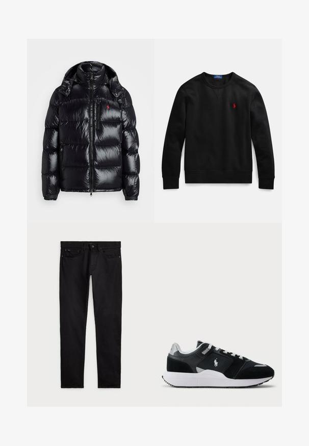 Crna puf jakna sa sjajnim, prošivenim dizajnom. Ima visoki ovratnik, dva džepa sa zipom i mali logo na prsima.; Crna majica s okruglim izrezom od pamuka, s malim crvenim logotipom na lijevoj strani prsa te rebrastim rubovima na rukavima i donjem dijelu.; Crne traperice od denima, s klasičnim dizajnom s pet džepova, zatvaranjem na dugme i ravnim krojem s glatkom, ujednačenom teksturom.; Crno-bijeli niske tenisice s gornjim dijelom od mrežaste i antilop kože, bijelim vezicama, bijelim potplatom i logom igrača polo na bočnoj strani.