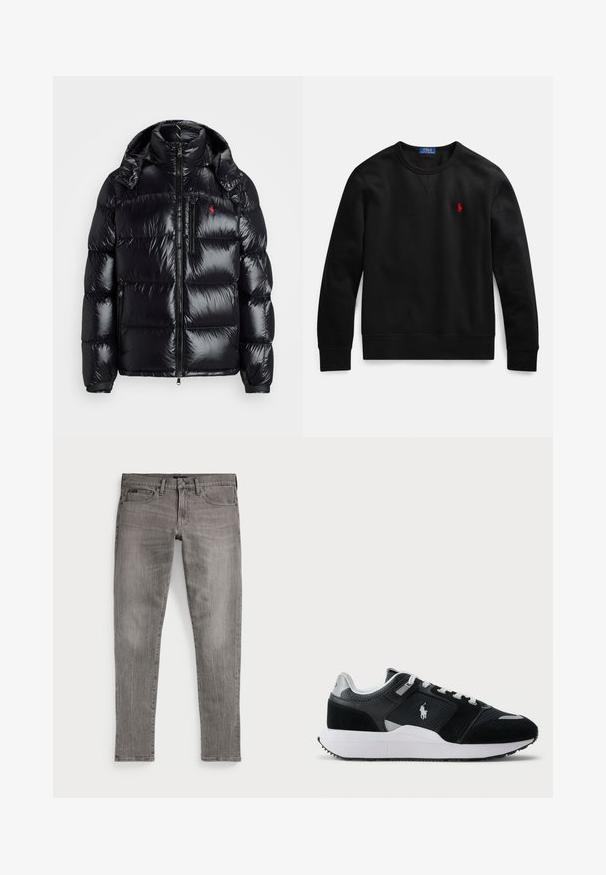 Czarna kurtka puchowa z błyszczącym, pikowanym wzorem. Posiada wysoki kołnierz, dwie kieszenie na zamek i małe logo na klatce piersiowej.; Czarna bluza z okrągłym dekoltem wykonana z bawełny, z małym czerwonym logo na lewej piersi oraz ściągaczami na mankietach i dole.; Szare dżinsy, slim fit, z prostymi nogawkami. Posiadają klasyczny pięciokieszeniowy design, detale w postaci przeszyć oraz lekko wyblakłą strukturę.; Czarno-białe niskie trampki z siateczkowym i zamszowym wierzchem, białymi sznurówkami, białą podeszwą oraz logo zawodnika polo z boku.