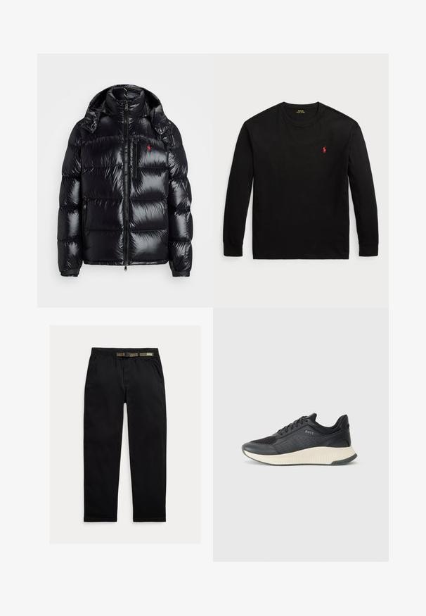 Črna puhovka z sijočim, prešitim dizajnom. Ima visok ovratnik, dve zadrževali žepki in majhen logotip na prsih.; Črna majica z dolgimi rokavi iz bombaža. Ima krožni ovratnik, rebraste manšete in majhen rdeč vezen logotip na prsih. Gladka tekstura.; Črne hlače iz lahkega blaga, z elastičnim pasom in vgrajenim zeleni pasom, ravne noge in stranskimi žepi.; Črne športne superge z mrežasto zgornjico z perforacijami, teksturiranim srednjim delom v kremni barvi in gumijastim podplatom za oprijem.