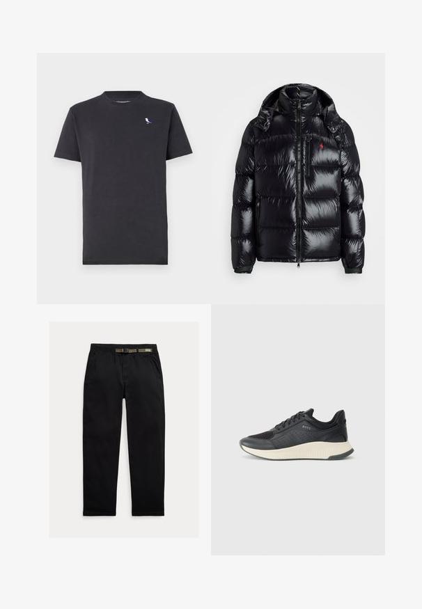 Schwarze Pufferjacke mit einem glänzenden, gesteppten Design. Sie verfügt über einen hohen Kragen, zwei mit Reißverschluss verschlossene Taschen und ein kleines Logo auf der Brust.; Schwarzes Baumwoll-T-Shirt mit Rundhalsausschnitt und kurzen Ärmeln, mit einem kleinen mehrfarbigen Vogel-Logo auf der linken Brust.; Schwarze Hose aus leichtem Material, mit einem elastischen Bund und einem integrierten grünen Gürtel, geradem Beinabschluss und seitlichen Taschen.; Schwarzer athletischer Sneaker mit einem Obermaterial aus Mesh mit Perforationen, einer strukturierten Zwischensohle in Creme und einer Gummisohle für besseren Halt.