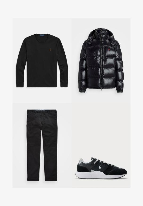 Black puffer jacket with a shiny, quilted design. Features a high collar, two zippered pockets, and a small logo on the chest.; Black long-sleeve T-shirt made of soft cotton, featuring a crew neck and a small embroidered logo on the chest in color accents.; Black chinos with a straight-leg fit, made of cotton blend fabric, featuring a zip fly, belt loops, and side pockets. Smooth texture.; Black and white low-top sneaker with mesh and suede upper, white laces, white sole, and a polo player logo on the side.