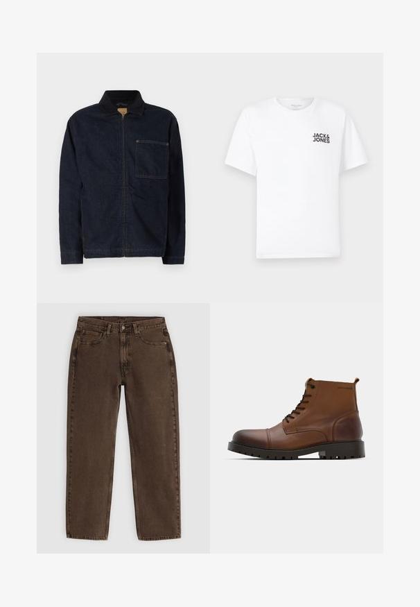 Tummansininen farkkutakki, jossa on vetoketjukiinnitys edessä, pitkät hihat, kaulus ja rintatasku. Tässä takissa on oranssia ommelta ja sileä pinta.; Valkoinen puuvillapaita, lyhyet hihat, pyöreä kaula-aukko. Vasemmassa rintakehässä musta tekstilogo "JACK & JONES". Yksinkertainen, neutraali muotoilu.; Ruskohvendynien farkut, joissa on suora leikkaus, viisi taskua, edessä nappikiinnitys ja minimaalinen ompelu. Pehmeä tekstiili, jossa on matta pinta.; Ruske nahkasaapad dobe toe-ga, mustade nööpidega ja tekstuurse kummitaldiga. Omab logo detaili külgedel ja siledat viimistlust.