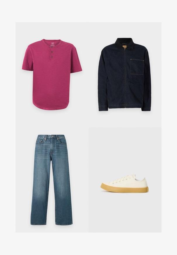 Tummansininen farkkutakki, jossa on vetoketjukiinnitys edessä, pitkät hihat, kaulus ja rintatasku. Tässä takissa on oranssia ommelta ja sileä pinta.; Lyhythihainen henley-paita elävän magentan värissä. Sisältää pyöreän kaula-aukon, kolmen napin listan ja hieman kaarevan helman. Pehmeä materiaali.; Lahjat tummansiniset farkut, joissa on napitus, vyölenkit ja haalistunut pinta. Ominaisuuksiin kuuluu viisi taskua ja kontrastivärinen ommel.; Kankava sneakers vaaleassa valkoisessa, pyöreällä varvalla, jossa on beiget kumipohjat ja viisi reikää nauhoille, teksturoitu pinta ylemmässä osassa.