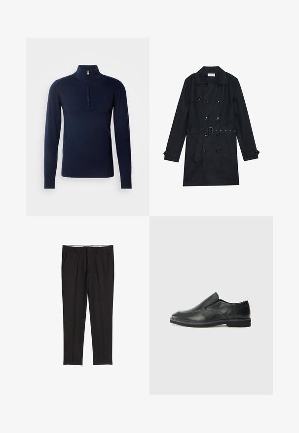 Cappotto nero lungo con design doppiopetto, bottoni neri lucidi, vita con cintura e due tasche frontali. Tessuto liscio e testurizzato.; Maglione lavorato a maglia di un blu navy scuro con un alto colletto, dotato di una zip a un quarto e polsini a coste. Texture liscia e design minimalista.; Pantaloni neri su misura con una texture liscia, dotati di due tasche laterali, una parte anteriore piatta e un girovita classico.; Scarpa nera in pelle con inserto scivolare, superiore liscio, dettagli cuciti, punta arrotondata e tacco in gomma basso. La suola presenta un battistrada minimale.