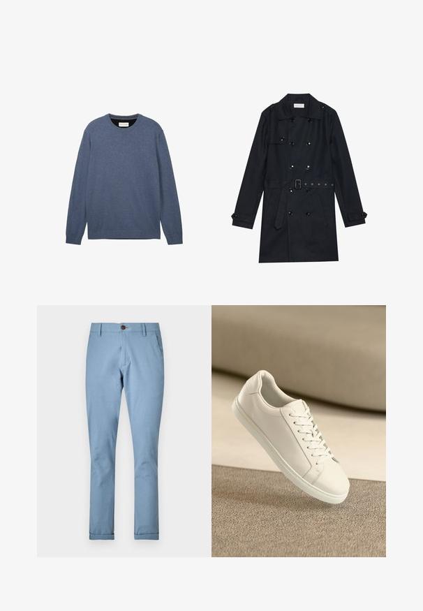 Melns trenčkotis ar divrindas dizainu, spīdīgām melnām pogām, jostu viduklim un divām priekšējām kabatām. Gluda, teksturēta auduma.; Tumis ar apaļu kaklu tumši zilā krāsā, izgatavots no mīkstas auduma ar gludu faktūru, ar garām piedurknēm un ribotām aprocēm un apakšmalu.; Gaiši zilie bikses, izgatavotas no austiem audumiem, ar pogu aizdari un standarta kabatām, ar pieguļošu piegriezumu un reģistrētiem malām.; Baltas ādas sporta apavi ar baltām auklām, novietoti uz bēša teksturēta virsmas ar mīkstu izplūdušu fona.