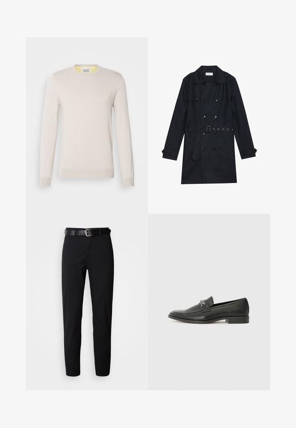 Manteau noir en trench coat avec un design double boutonnage, boutons noirs brillants, taille ceinturée et deux poches avant. Tissu lisse et texturé.; Pull en maille beige clair avec des manches longues, un col rond et des poignets côtelés discrets. Présente un petit logo doré sur la poitrine.; Pantalon noir à coupe droite, avec une texture lisse et une ceinture en cuir noir avec une boucle en métal argenté. Design simple, sans motifs ni accents.; Mocassin en cuir noir avec une finition lisse, présentant un design cousu et une accent décoratif en chaîne métallique sur le rand. Talon plat.