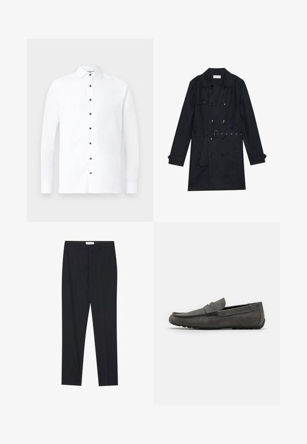 Μαύρο παλτό με διπλή ζώνη, γυαλιστερά μαύρα κουμπιά, μέση με ζώνη και δύο μπροστινές τσέπες. Λείο, υφασμάτινο υλικό.; Λευκό πουκάμισο μακρύ μανίκι από βαμβάκι, με κλασικό γιακά, μαύρο κλείσιμο με κουμπιά και κουμπωτές μανσέτες. Λείος υφής με ελάχιστο σχέδιο.; Μαύρο σατέν παντελόνι με flat μπροστινό μέρος, κανονική γραμμή, κατασκευασμένο από λείο ύφασμα, με πιέτες και πλαϊνές τσέπες.; Γκρίζα σουέτ λοάφερ με στρογγυλή μύτη, ραφές λεπτομέρειες και επίπεδη καουτσούκ σόλα. Το παπούτσι έχει απαλή υφή και ασύμμετρο λουράκι μπροστά.