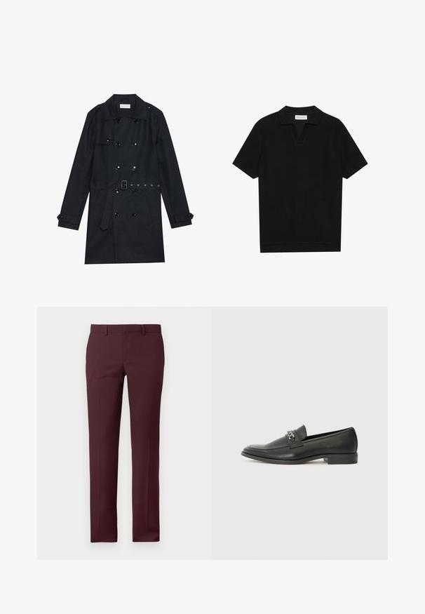 Sort trenchcoat med dobbeltknapning, skinnende sorte knapper, bælte i taljen og to frontlommer. Glat, struktureret stof.; Sort kortærmet polo skjorte med en tekstureret, ribbede stof, der har en v-halsudskæring og en lige kant. Ingen synlige logoer eller mønstre.; Bordeaux skræddersyede bukser med en struktureret pasform. Har flad front, bæltestropper og ingen synlige lommer, lavet af glat stof.; Sorte læder loafers med en glat finish, der har et syet design og et dekorativt metal kædeaccent hen over vamps. Flad hæl.