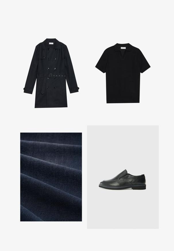 Musta trench-takki, jossa on kaksoisnapitus, kiiltävät mustat napit, vyöllä varustettu vyötärö ja kaksi etutaskua. Sileä, teksturoitu kangas.; Mustan lyhythihainen polo-paita, jossa on teksturoitu, ribattua kangasta, v-pääntie ja suora helma. Ei näkyviä logoja tai kuvioita.; Tummansininen farkkukangas, jossa on ribbaitu pinta, esittelee ryppyjä ja aallokkoa, korostaen sen painoa ja kestävyyttä.; Musta nahkainen liukujalkine, jossa on sileä pinta, ommeltuja yksityiskohtia, pyöristetty kärki ja matala kumipohja. Pohjassa on minimaalinen pito.