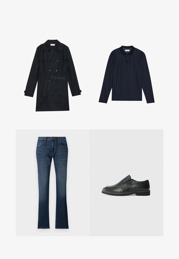 Trench coat preto com design de duplo botão, botões pretos brilhantes, cintura com cinto e dois bolsos frontais. Tecido suave e texturizado.; Polo de manga longa azul-marinho com collar, apresentando finas riscas verticais e abertura com três botões. Textura de tecido suave.; Jeans de denim azul-escuro com uma ligeira largura na parte inferior, cintura estruturada, cinco bolsos e um desbotamento subtil perto da bainha.; Sapato slip-on preto em pele com um upper liso, acabamentos cosidos, bico arredondado e um salto de borracha baixo. A sola apresenta um padrão de aderência mínimo.