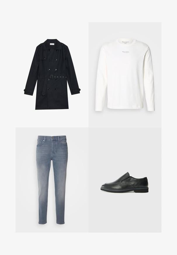 Black trench coat featuring double-breasted design, shiny black buttons, a belted waist, and two front pockets. Smooth, textured fabric.; Long-sleeve white cotton t-shirt. Features a crew neck and small black logo text centered on the chest. Soft texture, casual design.; Blue jeans made of denim, featuring a straight-leg cut, five-pocket design, and a subtle faded texture. Metal button and zip fly closure.; Black leather slip-on shoe with a smooth upper, stitched accents, rounded toe, and a low rubber heel. Sole features minimal tread.