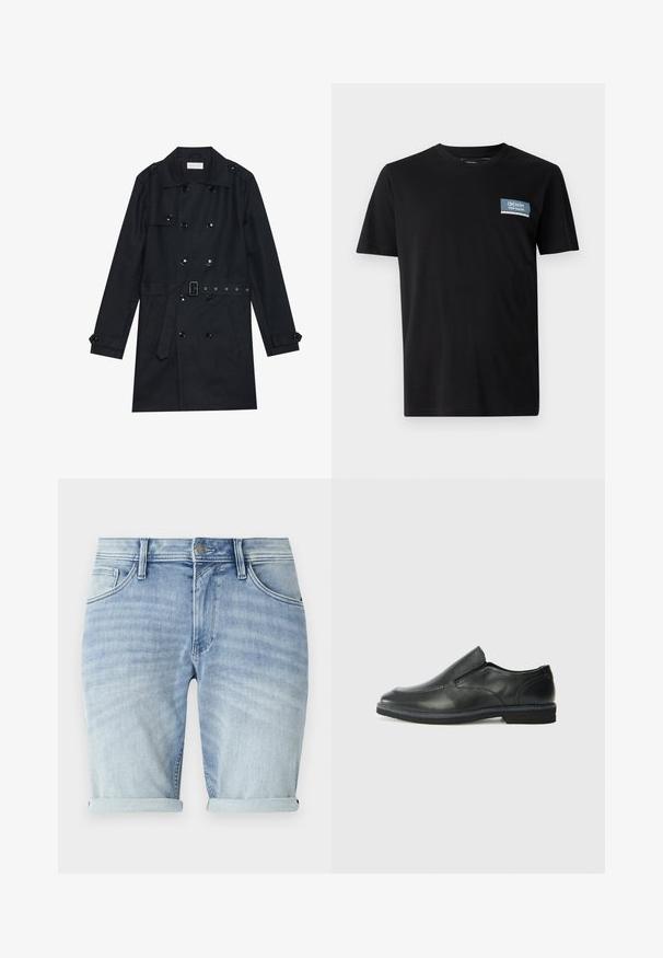 Čierny trench kabát s dvojradovým zapínaním, lesklými čiernymi gombíkmi, pásom na sťahovanie a dvoma prednými vreckami. Hladká, textúrovaná tkanina.; Čierne tričko s krátkym rukávom vyrobené z mäkkej látky, s modrým obdĺžnikovým nášivkom s textom "DENIM TOM TAILOR" na ľavej hrudi.; Svetlomodré denimové šortky s vybledlým efektom, srolované manžety, predné vrecká a kovový gombík na zapínanie v páse.; Čierny kožený nazúvací topánka s hladkým zvrškom, prešitými akcentmi, zaoblenou špičkou a nízkym gumovým podpätkom. Podošva má minimálny dezén.