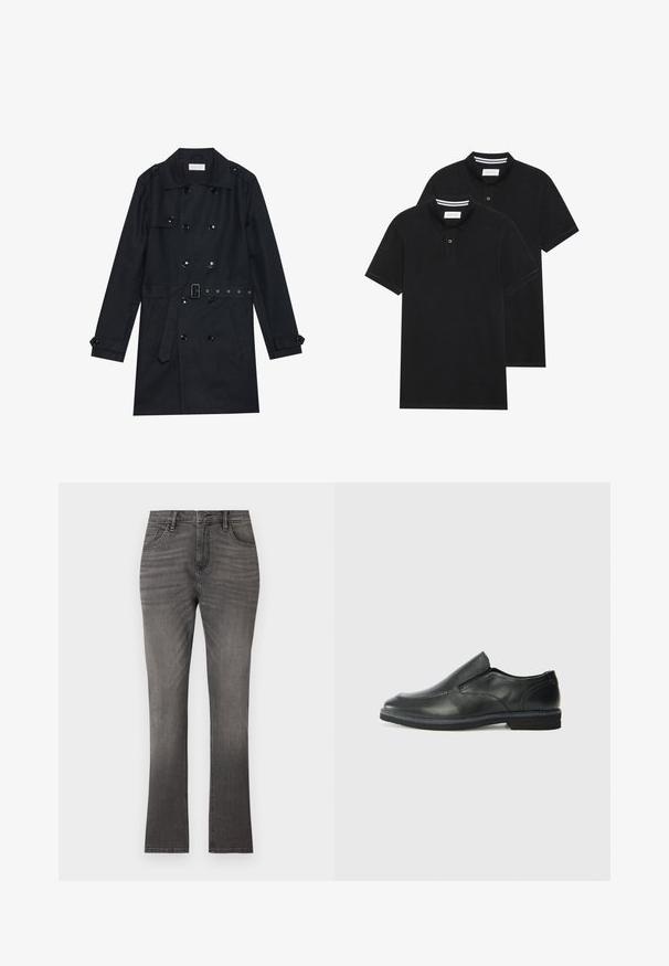 Black trench coat featuring double-breasted design, shiny black buttons, a belted waist, and two front pockets. Smooth, textured fabric.; Two black polo shirts, short-sleeved, cotton material, featuring a classic collar, two-button placket, and white striped accents inside the collar.; Gray denim jeans with a straight-leg cut, featuring a classic five-pocket design and subtle fading. Standard button and zipper closure.; Black leather slip-on shoe with a smooth upper, stitched accents, rounded toe, and a low rubber heel. Sole features minimal tread.