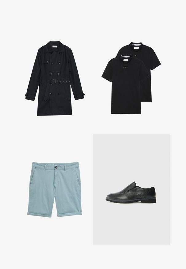 Must mustrint 2. ala, sädelevad mustad nupud, vöödega talje ja kaks esikotti. Sile tekstuuriga kangas.; Kaks musta polo särki, lühikeste varrukatega, puuvillane materjal, klassikalise kraega, kahe nupuga kinnitusega, valgete triipudega krae sisepinnal.; Heledad helesin lühikesed püksid, mis on valmistatud sileda tekstuuriga kangast. Omavad nööbiga sulgemist, vöökohasoone ja üleskeeratud servi.; Must musta laia suuga king, millel on sile ülemine osa, õmmeldud detailid, ümmargune nina ja madal kummist konts. Tallal on minimaalne mustr.