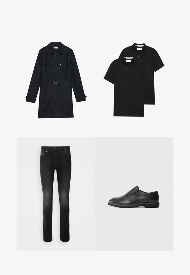 Trench coat preto com design de duplo botão, botões pretos brilhantes, cintura com cinto e dois bolsos frontais. Tecido suave e texturizado.; Duas camisetas polo pretas, de manga curta, em material de algodão, com colarinho clássico, abertura com dois botões e detalhes em riscas brancas no interior do colarinho.; Jeans de ganga pretos com corte reto, apresentando um fecho de botão, cinco bolsos e um leve efeito de desbotamento no tecido.; Sapato slip-on preto em pele com um upper liso, acabamentos cosidos, bico arredondado e um salto de borracha baixo. A sola apresenta um padrão de aderência mínimo.