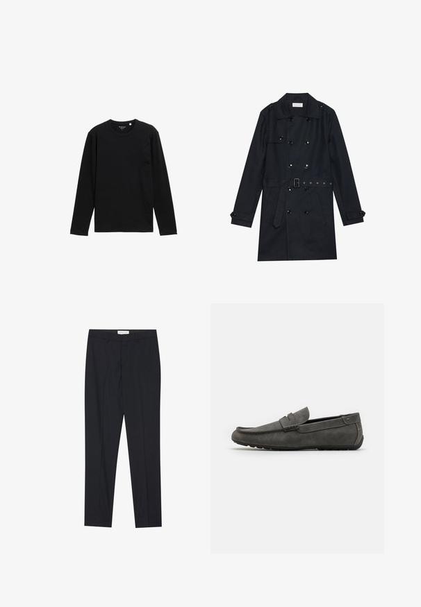 Melns trenčkotis ar divrindas dizainu, spīdīgām melnām pogām, jostu viduklim un divām priekšējām kabatām. Gluda, teksturēta auduma.; Melna gara piedurkņu T-kreklu izgatavots no ribota auduma, ar apaļu kakla izgriezumu un brīvu piegriezumu, bez papildu rakstiem vai rotājumiem.; Melni pielāgoti bikses ar taisnu priekšpusi, regulāra piegriezuma, izgatavotas no gluda auduma, ar presētām krokām un sānu kabatām.; Pelēki zamšādas loaferi ar noapaļotu purngalu, šūšanas detaļām un plakanu gumijas zoli. Apavām ir gluda tekstūra un priekšējā siksna kā akcents.