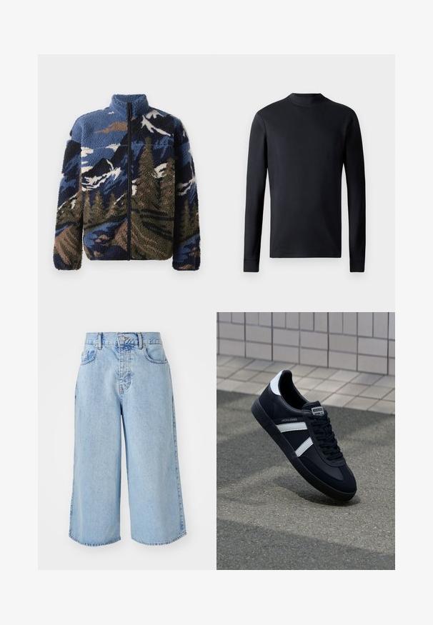 Fliša jaka ar augstu apkakli, ar daudzkrāsainu kalnu ainavas rakstu zilās, brūnās un zaļās krāsās; priekšējā rāvējslēdzēja aizdare.; Garas piedurknes melna krekls, izgatavots no gludas auduma, ar noapaļotu kakla izgriezumu un pieguļošu cilpu. Vienkāršs dizains bez rakstiem vai rotājumiem.; Gai zila denima culotte šorti ar augstu jostasvietu, piecu kabatu dizainu un brīvu piegriezumu. Iezīmē izbalējušu tekstūru un divreiz šūtas apakšmalas.; Melnā ādas sporta apavi ar baltām svītrām, teksturēta gumijas zole un auklu aizdare. Iekļauj zīmola etiķeti uz mēles.