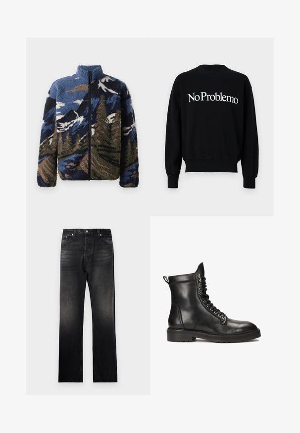 Fleecetakki korkealla kauluksella, jossa on monivärinen vuoristomaisemakuvio sinisen, ruskean ja vihreän sävyissä; edessä vetoketjusuljenta.; Musta collegepaita, pyöreä kaula-aukko, jossa valkoiset tekstit "NoProblemo" rinnassa. Varren ja helman resorit, pehmeä kangas.; Mustat farkut suoran lahkeen istuvuudella, joissa on haalistunut värisävy, viisi taskua ja metalliset varusteet.; Kazar Studio CANRERTH - Nauhalliset nilkkurit - black