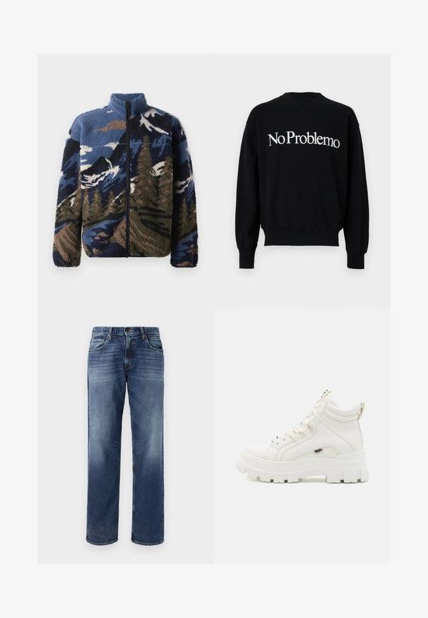 Fleecejakke med høy krage, med et flerfarget fjellandskapsmønster i blått, brunt og grønt; glidelås foran.; Svart hettegenser med rund hals, med hvit tekst "NoProblemo" over brystet. Ribbet mansjetter og kant, myk stoffkvalitet.; Herre blå denim jeans med rett ben design, lys falming, fem lommer og knappestengning.; Hvite ankelhøye sneakers med teksturert overflate, tykk gummisåle og polstret krage. Har snøring og et logo-accents.