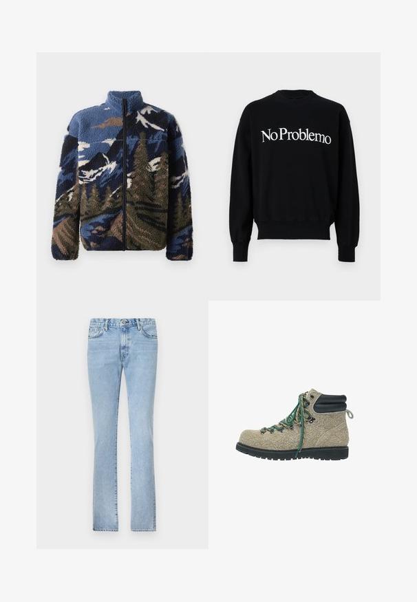 Giacca in pile con collo alto, caratterizzata da un motivo paesaggio montano multicolore in tonalità di blu, marrone e verde; chiusura frontale con zip.; Felpa nera, con collo rotondo, con la scritta bianca "NoProblemo" sul petto. Polsini e orlo a costine, tessuto morbido.; Jeans in denim azzurro chiaro con taglio a gamba dritta, design a cinque tasche e chiusura con bottone. Tessuto liscio e sbiaditura uniforme.; Scarponcino da escursionismo in materiale beige texture con lacci verdi e beige, colletto alla caviglia imbottito nero e suola spessa nera e robusta.