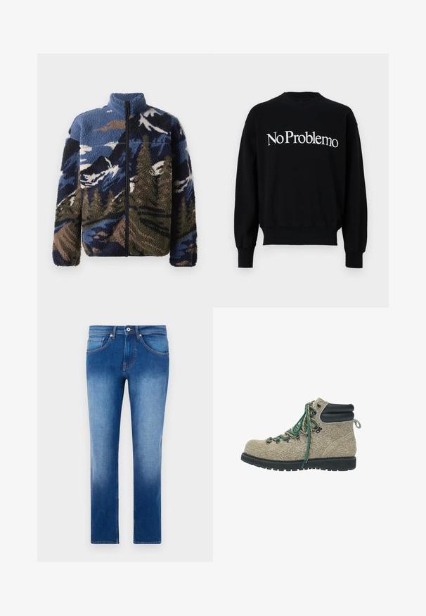 Fleecetakki korkealla kauluksella, jossa on monivärinen vuoristomaisemakuvio sinisen, ruskean ja vihreän sävyissä; edessä vetoketjusuljenta.; Musta collegepaita, pyöreä kaula-aukko, jossa valkoiset tekstit "NoProblemo" rinnassa. Varren ja helman resorit, pehmeä kangas.; Vaaleansiniset farkut, joissa on vähittäinen haurastuminen, suora lahjemuoto, viisi taskua ja kontrastoivaa oranssia tikkausta saumoissa. Klassinen denimi-textuuri.; Vaelluskengät beigen sävyisellä tekstuurilla, vihreillä ja beigen sävyisillä nauhoilla, mustalla pehmustetulla nilkkakolarilla ja paksulla mustalla rugged-pohjalla.