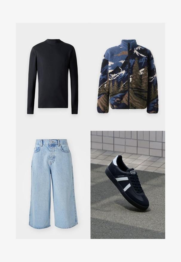 Fleecová bunda s vysokým límcem, zdobená vzorem horské krajiny v modrých, hnědých a zelených odstínech; přední zip.; Černá košile s dlouhými rukávy vyrobená z hladkého materiálu, s kulatým výstřihem a přiléhavými manžetami. Jednoduchý design bez vzorů nebo ozdob.; Svetle modré džínové kraťasy culottes s vysokým pasem, designem se pěti kapsami a volným střihem. Vyznačují se vybledlou texturou a dvojitě prošitými lemy.; Černé kožené tenisky s bílými pruhy, texturovanou gumovou podrážkou a šněrováním vpředu. Obsahují značenou etiketu na jazyku.