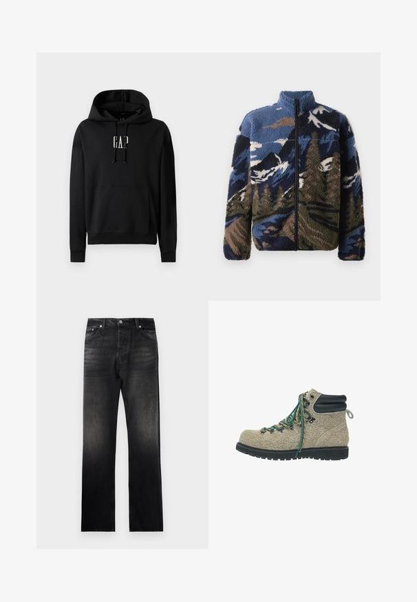 Fleecejacke mit hohem Kragen, mit einem mehrfarbigen Berglandschaftsmuster in Blau-, Braun- und Grüntönen; Frontreißverschluss.; Schwarzer Kapuzenpullover aus Fleece-Material, mit einer frontalen Tasche, gerippten Bündchen und einem weißen "GAP"-Logo auf der Brust.; Schwarze Jeans mit geradem Bein, die einen verblassten Farbverlauf aufweisen, eine Fünf-Taschen-Design haben und mit Metallakzenten versehen sind.; Wanderschuh aus beigem Textilmaterial mit grünen und beigen Schnürsenkeln, schwarzem gepolstertem Knöchelkragen und dicker, schwarzer, robuster Sohle.