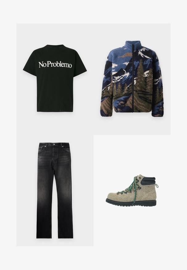 Fleecejakke med høj krave, der har et flerfarvet bjerglandskabsmønster i blå, brune og grønne nuancer; lynlås foran.; Sort T-shirt med korte ærmer og hvid tekst "No Problemo" centreret foran på en ensartet lys baggrund.; Sorte denim jeans med lige ben, der har en falmet gradienteffekt, fem lommers design og metalhardware detaljer.; Vandreboots i beige struktureret materiale med grønne og beige snørebånd, sort polstret ankelkrave og tyk sort robust sål.