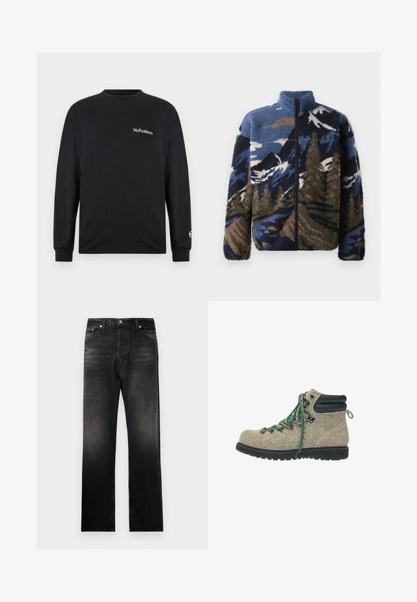 Fleecejacke mit hohem Kragen, mit einem mehrfarbigen Berglandschaftsmuster in Blau-, Braun- und Grüntönen; Frontreißverschluss.; Schwarzes Langarm-T-Shirt aus Baumwolle. Verfügt über den Text "No Problemo" auf der Brust und ein Logo auf dem Ärmel. Rundhalsausschnitt und enge Bündchen.; Schwarze Jeans mit geradem Bein, die einen verblassten Farbverlauf aufweisen, eine Fünf-Taschen-Design haben und mit Metallakzenten versehen sind.; Wanderschuh aus beigem Textilmaterial mit grünen und beigen Schnürsenkeln, schwarzem gepolstertem Knöchelkragen und dicker, schwarzer, robuster Sohle.