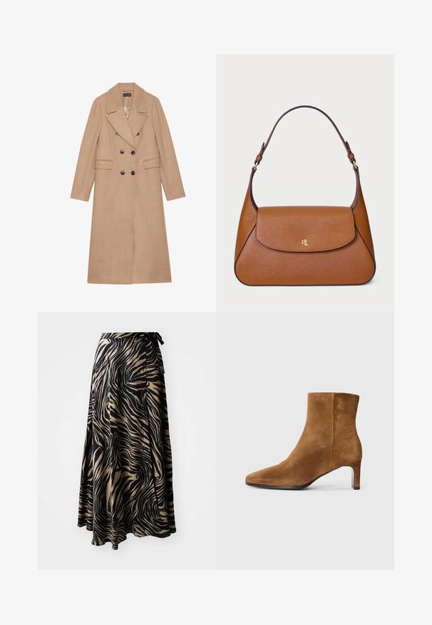 Beige, dobbelspent kåpe med notched krage, laget av et mykt stoff. Har svarte knapper og to fork pocket. Langermet design.; Beige turtleneck-genser laget av myk strikket stoff, med lange ermer og en subtil merkevarelogo på brystet. Ribbestrikkede mansjetter og kant.; Sjaltskjørt i svart og beige zebramønster. Laget av lett stoff med en flytende design, med bånd i livet og asymmetrisk kant.; Brune suédé ankelstøvle med spidse tæer og slank hæl i middehøjde, set fra siden på en helt hvid baggrund.; Brun skinnveske med en strukturert design, flat toppklaff og en enkelt buet stropp. Har gullhardware med preget logo.