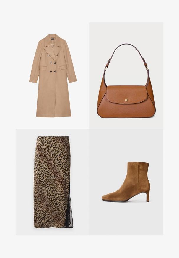 Beige, kaksirivinen takki, jossa on viisto kaulus, valmistettu pehmeästä kankaasta. Varustettu mustilla nappeilla ja kahdella etutaskulla. Pitkähihaisen muotoilu.; Beige turtleneck neule, joka on valmistettu pehmeästä neuloksesta, jossa on pitkät hihat ja hillitty brändilogo rinnassa. Ribbaus hihansuissa ja helmassa.; Midi-hame leopardikuosis, jossa on vartalonmyötäinen siluetti, läpinäkyvät pitsisivupaneelit ja sileä kangastalja maanläheisissä sävyissä.; Bottine en daim marron avec un bout pointu et un talon slim de hauteur intermédiaire, vue latérale sur fond blanc uni.; Ruskea nahkainen käsilaukku, jossa on jämäkkä muotoilu, litteä yläosa ja yksittäinen kaareva hihna. Varustettu kullansävyisillä yksityiskohdilla ja kohokuvioidulla logolla.