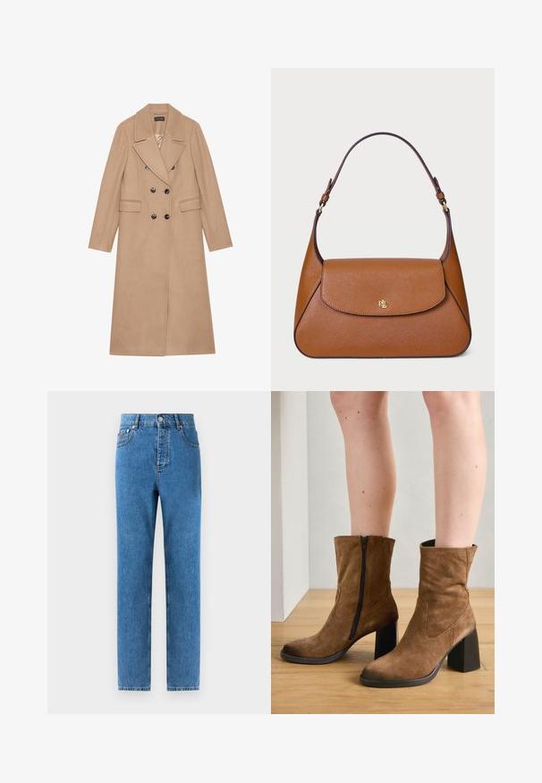 Abrigo beige de doble botonadura con cuello de muesca, hecho de una tela suave. Presenta botones negros y dos bolsillos delanteros. Diseño de mangas largas.; Jersey de cuello alto beige hecho de una suave tela de punto, con mangas largas y un sutil logotipo de la marca en el pecho. Puños y dobladillo de canalé.; Pantalones de mezclilla en azul medio con corte recto, cinco bolsillos, cierre de botón y un ligero desgaste en la tela para una sutil variación de textura.; Botas de tobillo de ante marrón con cierre de cremallera, tacones cuadrados y una textura suave, con un sencillo pespunte a lo largo de los lados.; Bolso de mano de cuero marrón con un diseño estructurado, tapa plana y una sola correa curva. Presenta herrajes dorados con logotipo en relieve.