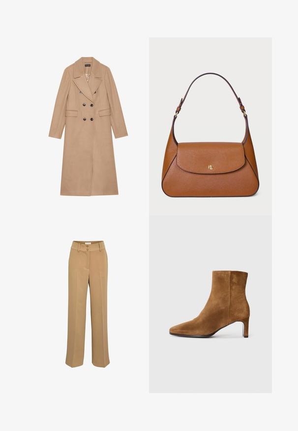 Bež kaput na dvostruko zatvaranje s rever kragnom, izrađen od mekanog materijala. Ima crne gumbe i dva prednja džepa. Dugi rukavi.; Bež džemper s visokim ovratnikom napravljen od mekanog pletiva, s dugim rukavima i suptilnim logotipom branda na prsima. Rebrasti rubovi na rukavima i donjem dijelu.; Hlače širokih nogavica u bež boji s glatkom teksturom, s dvostrukim zatvaračem i bočnim džepovima. Ravna prednja strana s detaljima prešana nabora.; Smeđi antilop čizme do gležnja s šiljastim vrhom i tankim srednje visokim potpeticama, bočni pogled na jednobojnoj bijeloj pozadini.; Smeđa kožna torba s strukturiranim dizajnom, ravnim poklopcem i jednim zakrivljenim remenom. Sadrži zlatne elemente s utisnutim logotipom.