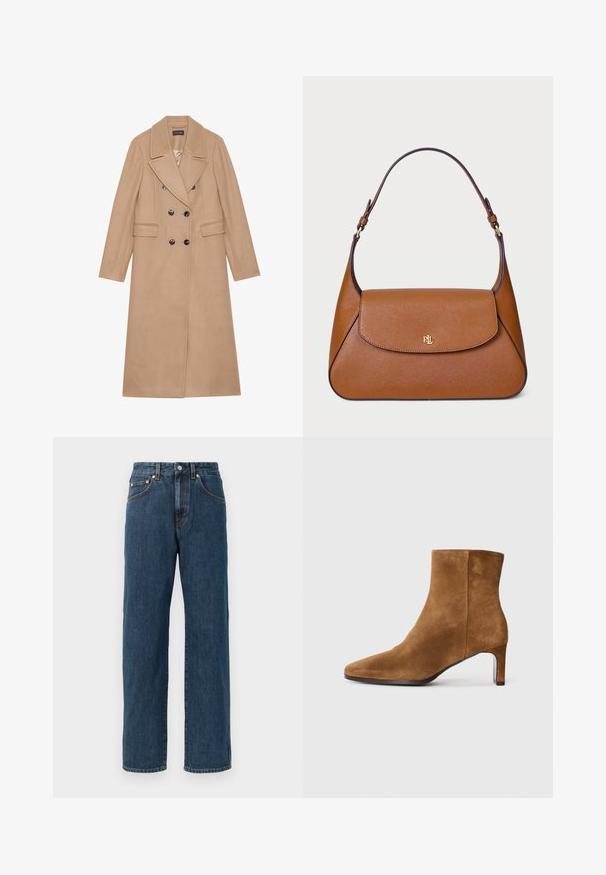 Beige, dobbelspent kåpe med notched krage, laget av et mykt stoff. Har svarte knapper og to fork pocket. Langermet design.; Beige turtleneck-genser laget av myk strikket stoff, med lange ermer og en subtil merkevarelogo på brystet. Ribbestrikkede mansjetter og kant.; Mørkeblå denim jeans med rett passform. Har fem lommer, subtile sømdetaljer og knappelukking i midjen.; Brune suédé ankelstøvle med spidse tæer og slank hæl i middehøjde, set fra siden på en helt hvid baggrund.; Brun skinnveske med en strukturert design, flat toppklaff og en enkelt buet stropp. Har gullhardware med preget logo.