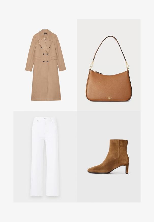 Abrigo beige de doble botonadura con cuello de muesca, hecho de una tela suave. Presenta botones negros y dos bolsillos delanteros. Diseño de mangas largas.; Jersey de cuello alto beige hecho de una suave tela de punto, con mangas largas y un sutil logotipo de la marca en el pecho. Puños y dobladillo de canalé.; Jeans de denim blanco con cintura alta y corte de pierna ancha. Presentan bolsillos frontales, cierre de botón y detalles de costura sutiles.; Botín de ante marrón con punta afilada y tacón medio delgado, vista lateral sobre fondo blanco liso.; Bolso de mano de cuero marrón texturizado con forma curva, herrajes en tono dorado y una sola correa para el hombro. Cuenta con cierre de cremallera y detalle del logotipo.